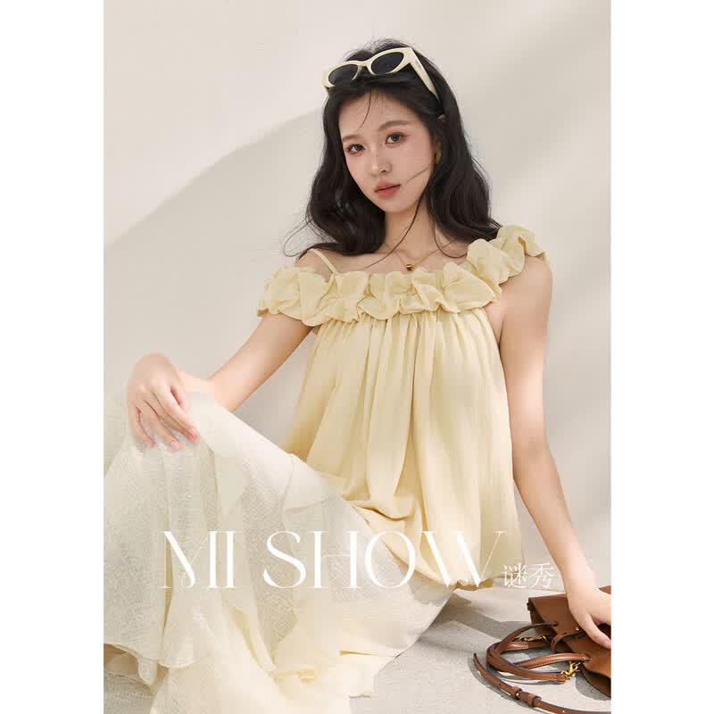 Mi Xiu French Retro Flower Bud Hem Off-Shoulder Camisole S жёлтый
