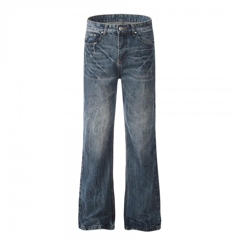 Mens Retro Washed Denim Jeans Straight Fit With Distressed Lightning Crack Detail Casual Slim Flare Trousers