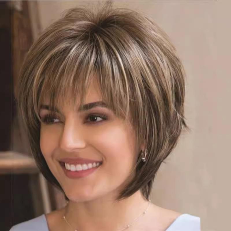 Women's Fashion Front Lace Short Mixed Color Straight Wig with Air Bangs