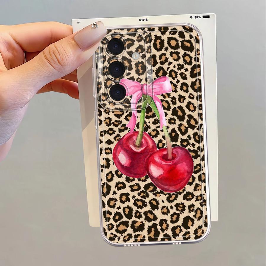 Leopard-patterned Cherry Phone Cover Case for Samsung Galaxy A26 A24 A34 A35 A56 A50 A36 A13 A25 A51 A14 A16 A54 A15 A52 A31 A33