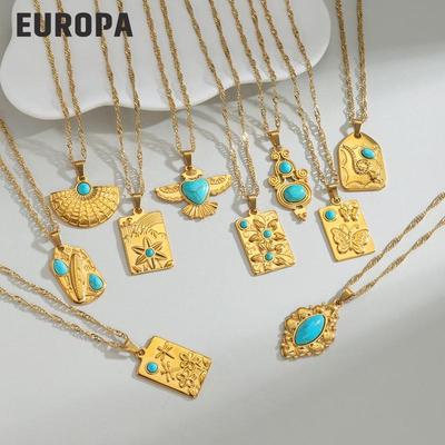 18K Gold Geometrisches Türkis Halskette - Retro Mode Edelstahl Pulloverkette für Herbst und Winter