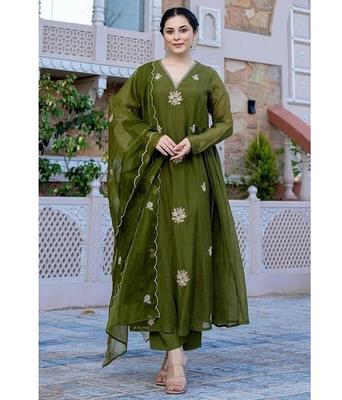 Women Embroidery Solid Anarkali Kurta and Pant Set with Dupatta