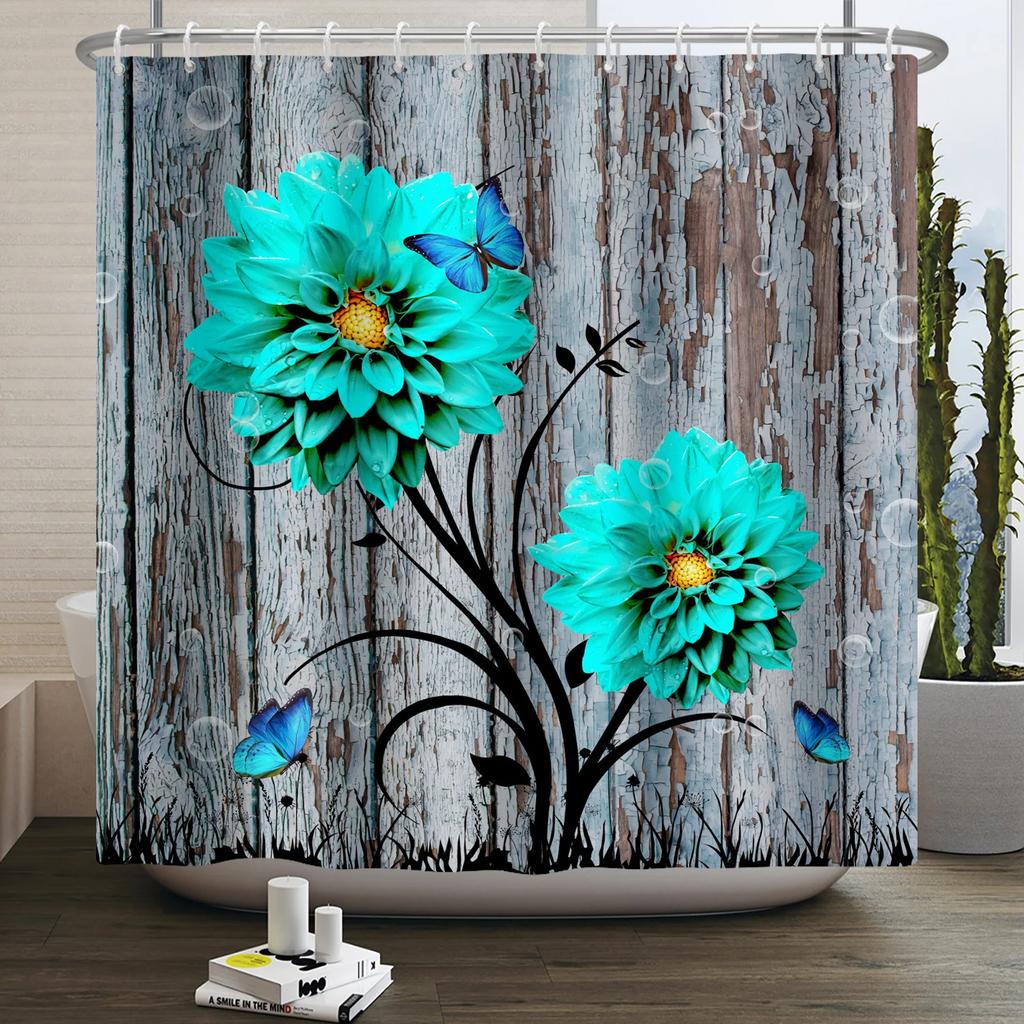Rustic Sunflower Daisy Shower Curtain Butterfly Floral Vintage Country Farmhouse Flower Wooden Board Waterproof Bathroom Curtain