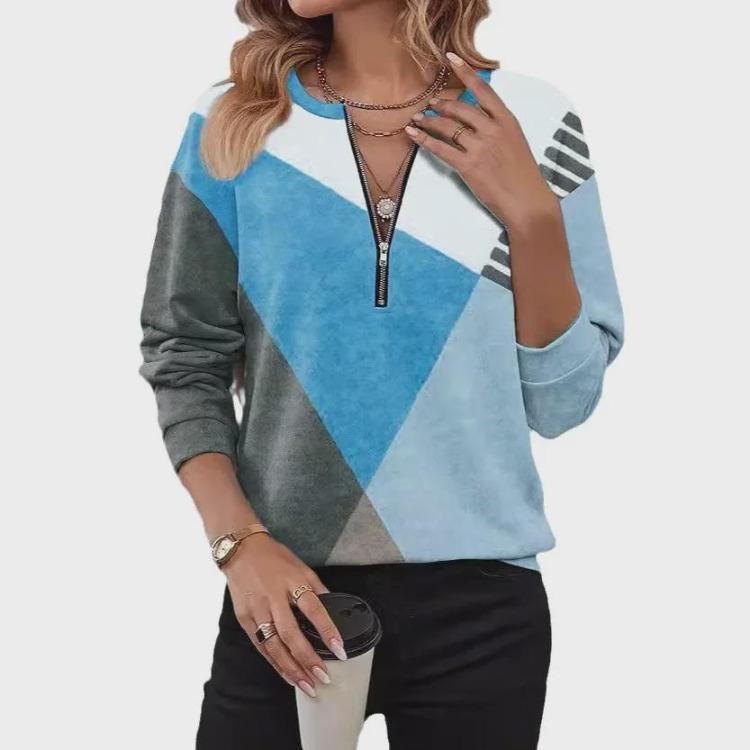 Fashion Women Autumn Winter Collection V Neck Color Block Zipper Sweatshirt