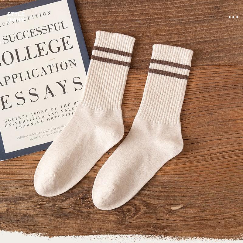 Men's Spring and Autumn Vintage Pure Cotton College-style Long Socks, Versatile Double-bar Mid-calf Socks for Autumn and Winter
