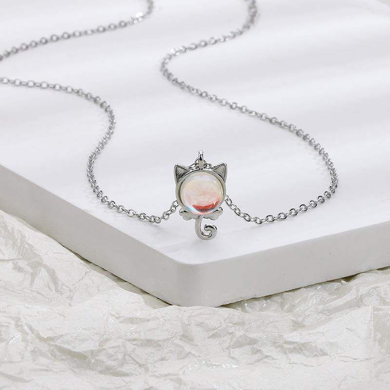 S925 Sterling Silber Halskette süße Katze Mondstein Halskette weiblichen Anhänger japanische und koreanische süße und frische Schlüsselbeinkette