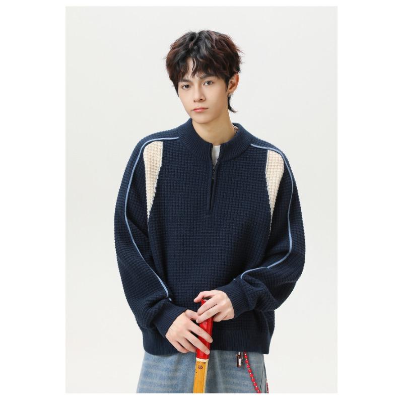Men S Couple Color Block Half Zip Round Neck Warm Knit Sweater