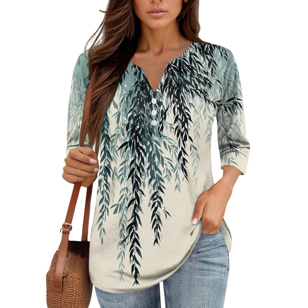3/4 Length Sleeve Women's Tops Print Vintage Fashion Casual Loose With V Neck Plus Size Shirts Tops