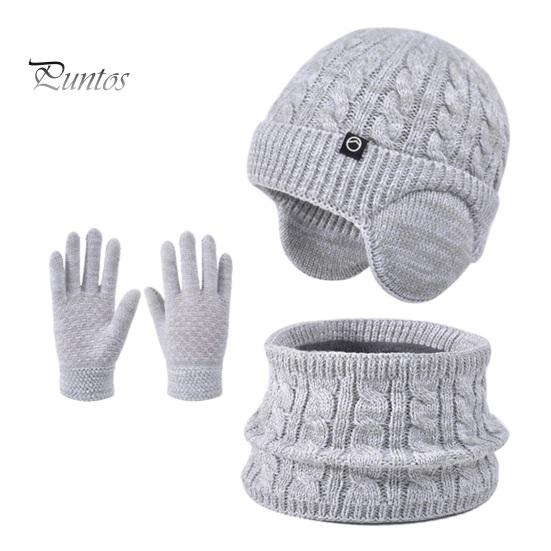 Girls Winter Warmth Set 3Pcs/Set Kids Hat Scarf Gloves Solid Color Twist Texture Fleece And Lining Earflap Touchscreen Neck Warmer Cold Weather