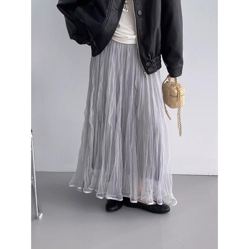 Qooth Tulle Pleated Midi Skirt Elastic High-Waist Draped Skirt Flowy Fairy Half Skirt for Women QT2987