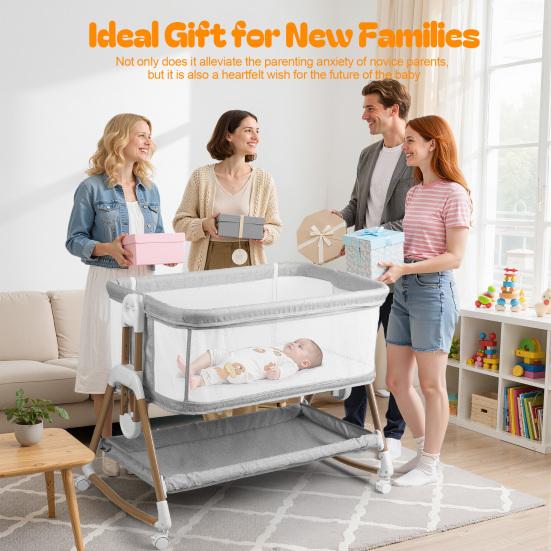 Height Adjustable Bedside Crib 3 In 1 Baby Bassinet Rocking Bassinet with Soft Mattress Wheels Bassinets 6 Adjustable Easy Folding Portable