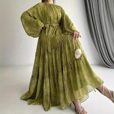 Spring Eid Muslim Dress for Women Print Chiffon Belt Robe Elegant Dress