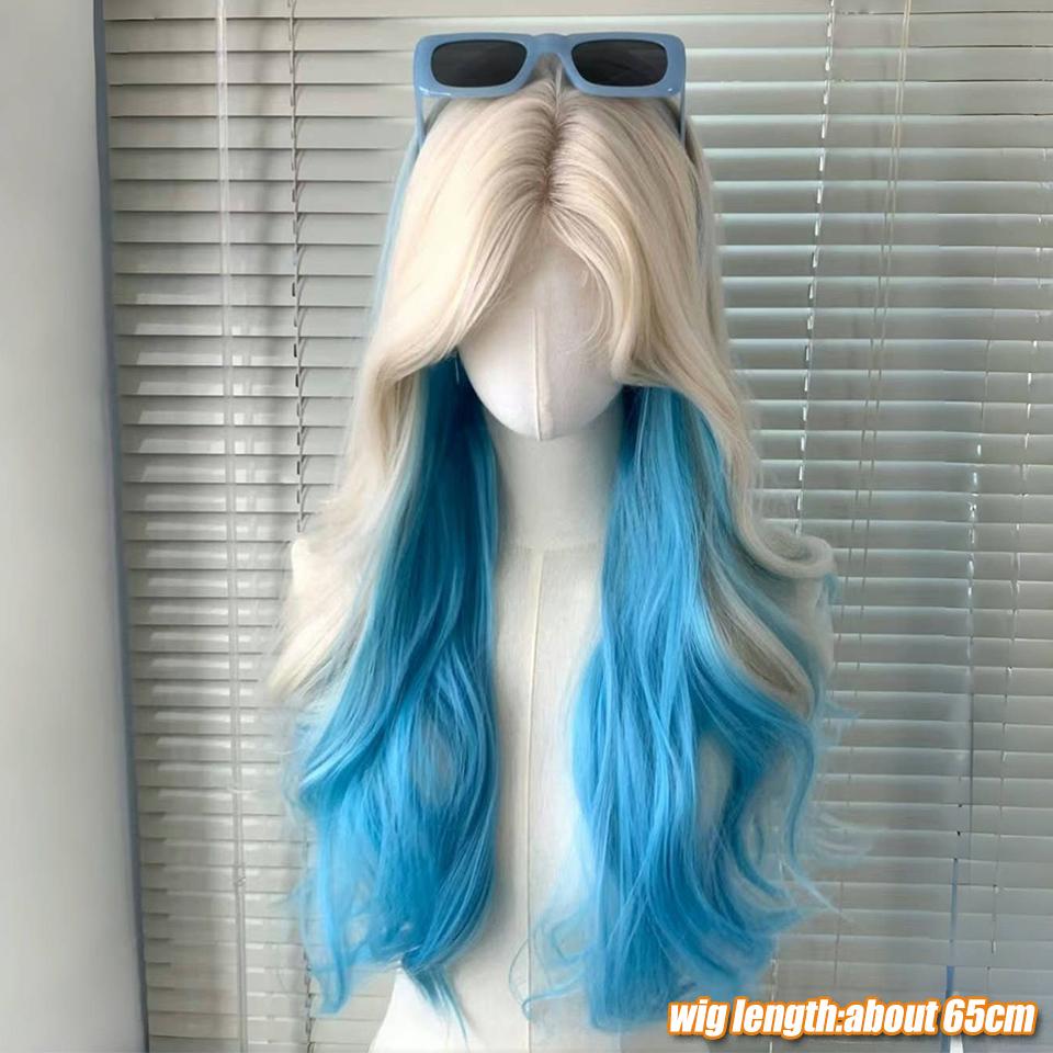 White Gold Highlights Blue Wave Synthetic Wig Female Delicate And Elegant Lolita Wig Small Lace Bangs Big Waves Long Curly Wig