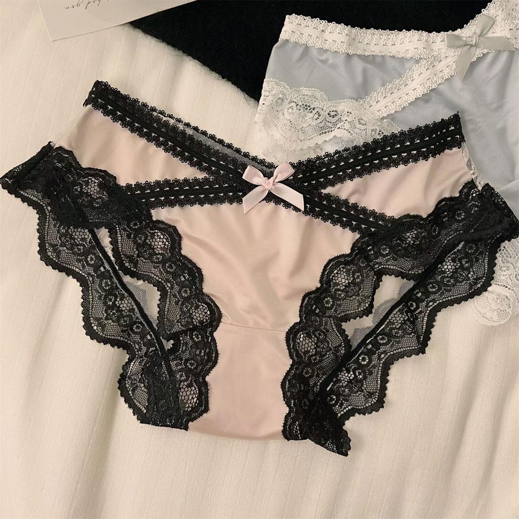 Jiao Wan Sheng Xiang Fransk Satinsnörning Mellanhöga Damtrosor: Andningsbara, Sexiga, Trosor med gren i ren bomull