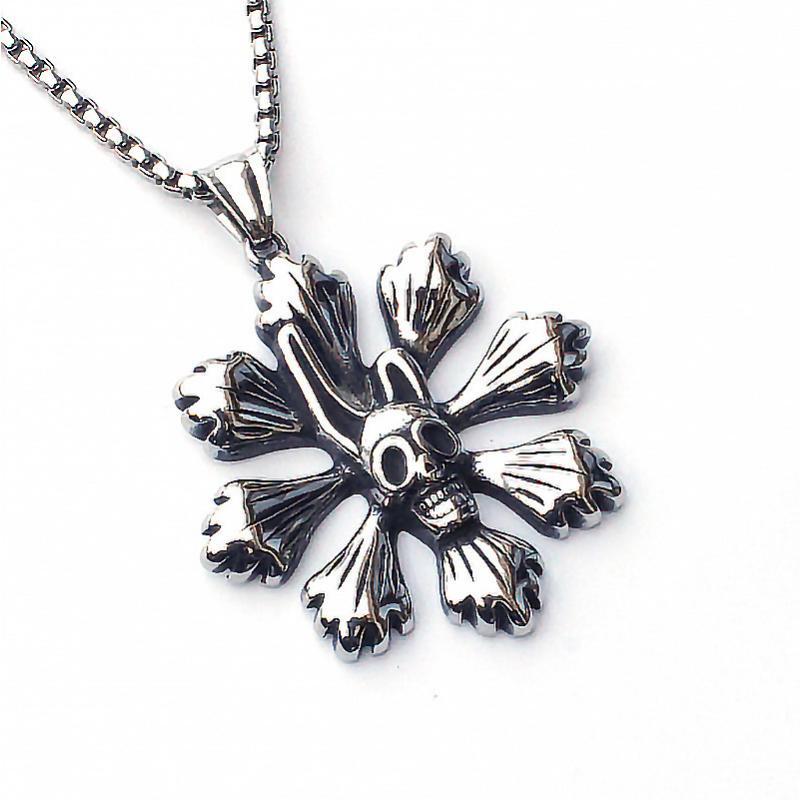 European and American Jewelry Titanium Steel Pendant Retro Trendy Men's Flower Skull Necklace