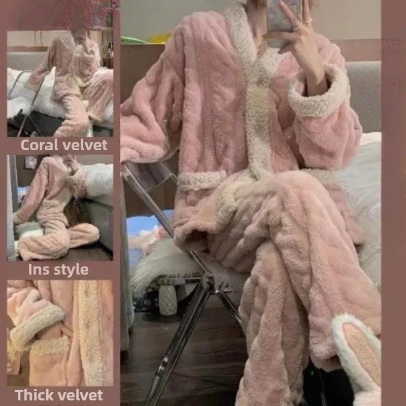 Korallfleece Pyjama Damen Neu Herbst und Winter 2024 Verdicktes Fleecegefüttertes Anmutiges Paar Online-Berühmtheit Hausanzug Set
