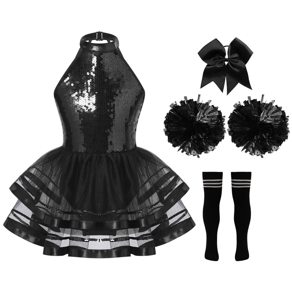 Girls Cheerleading Outfit Sleeveless Halter Sparkling Sequins Backless Tulle Tutu Dress Flower Balls Headwear Socks Set