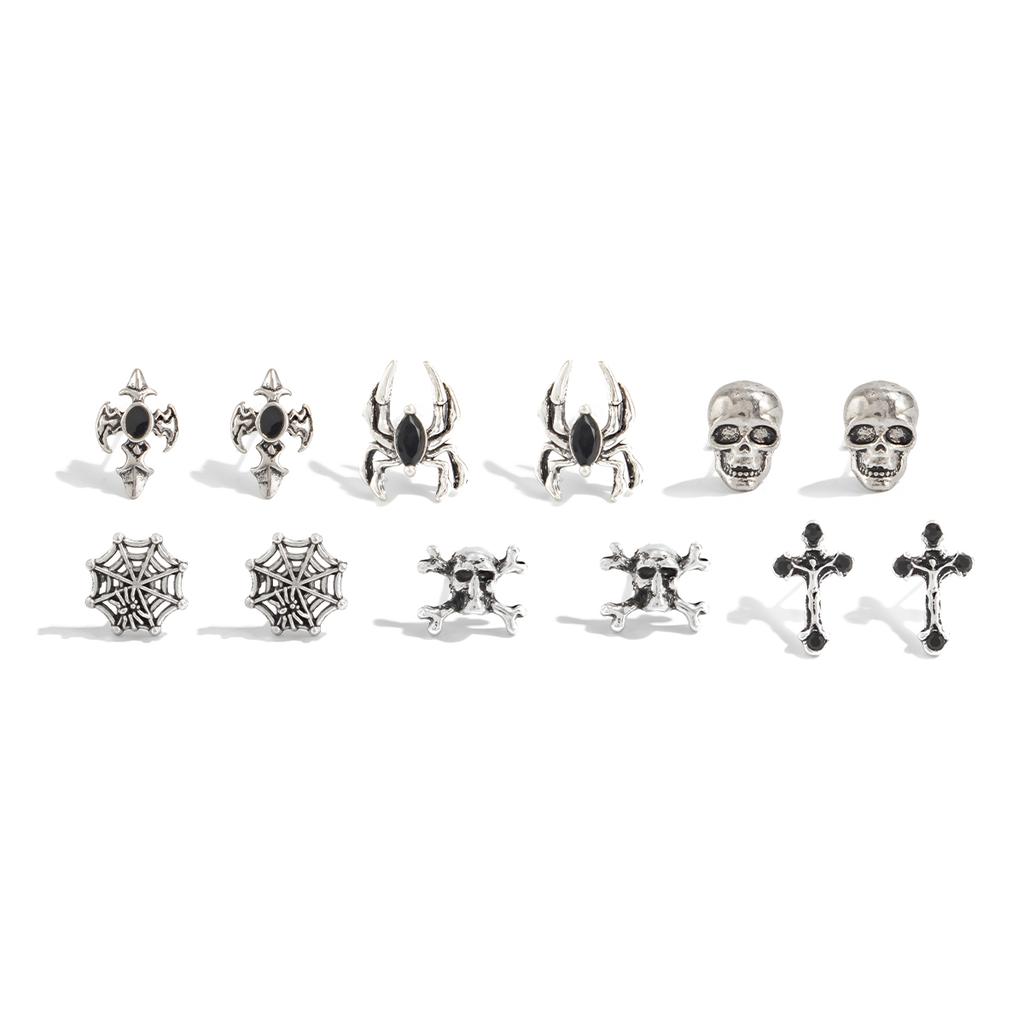 Salircon 6Pair/Set Gothic Skull Spider Web Cross Metal Pendant Earrings Women Punk Piercing Earring Party Jewelry Halloween Gift