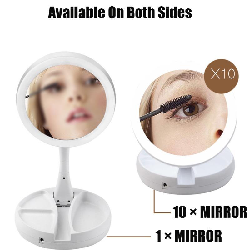 LED Makeup Mirror With 1/10X Magnification - Double Sided, Adjustable, Foldable Vanity Mirror for Travel