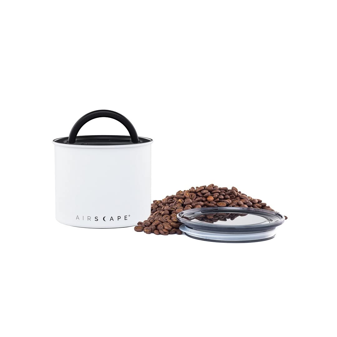 

Airscape Stainless Steel Coffee Canister | Grocery Storage Container | Patented Airtight Lid | Keeps Food Fresh by Pushing Air Out (Small, Matte White