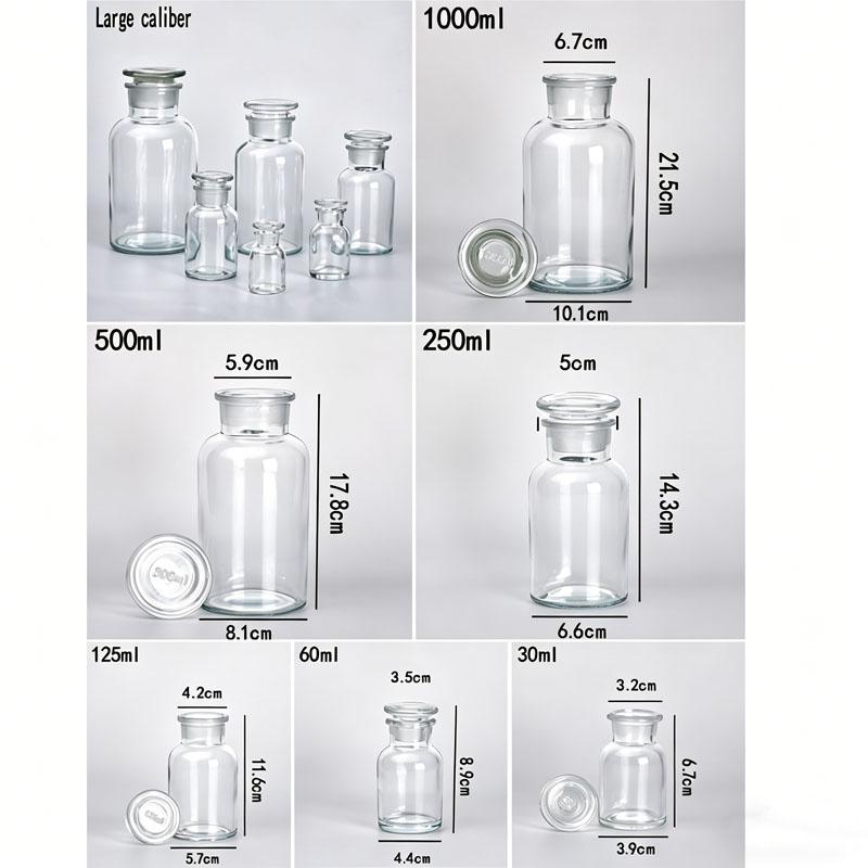 Laborgebrauch Weithals-Glas-Reagenzglasflasche Bernstein & Klarglas Schliffstopfen Apotheker-Aufbewahrungsflasche 30ml~1000ml Mehrere