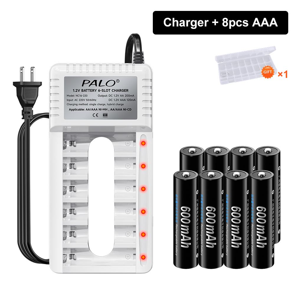 PALO Rechargeable Battery AA 1.2V Ni-MH Batteirse AA(HR6) 1300mAh and AAA(HR03) 600mAh NI-MH 2A/3A Rechargeable Batteries+6-slot charger
