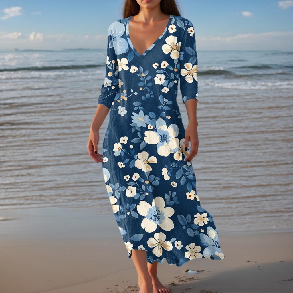 Women's Vintage Print Tunic Waisted Midi Dress Summer Casual 3/4 Sleeve Dress Dress