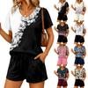 Women's Casual Two Piece Set V Neck Short Sleeve Floral Print Top with Elastic Waist Drawstring Shorts Lounge Wear