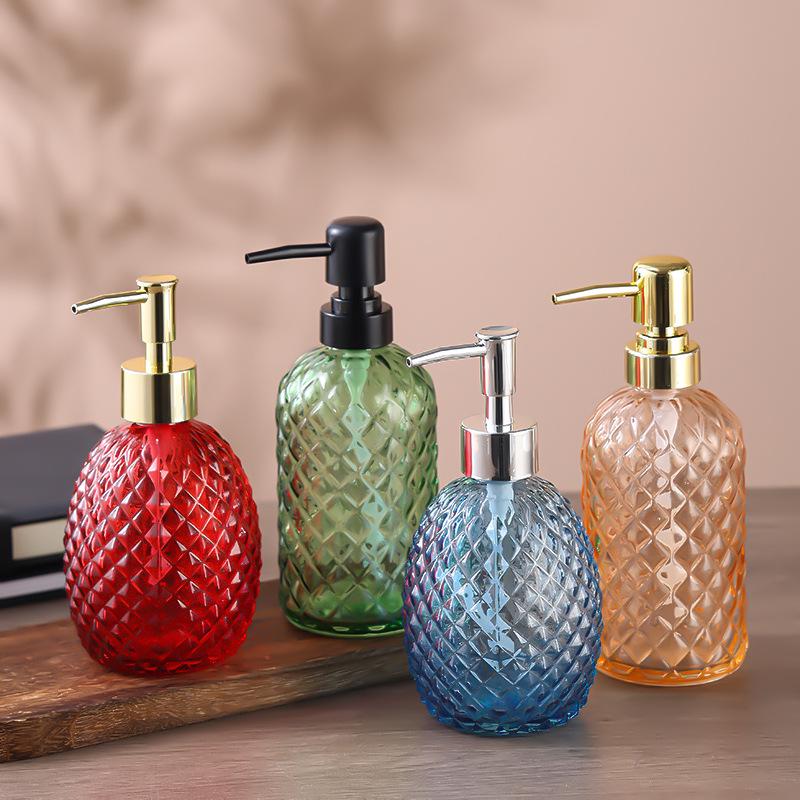 Colored Pineapple Glass Hand Sanitizer and Shower Gel Pump Bottle – Refillable, Sealed, Thickened, Patterned Empty Bottle.