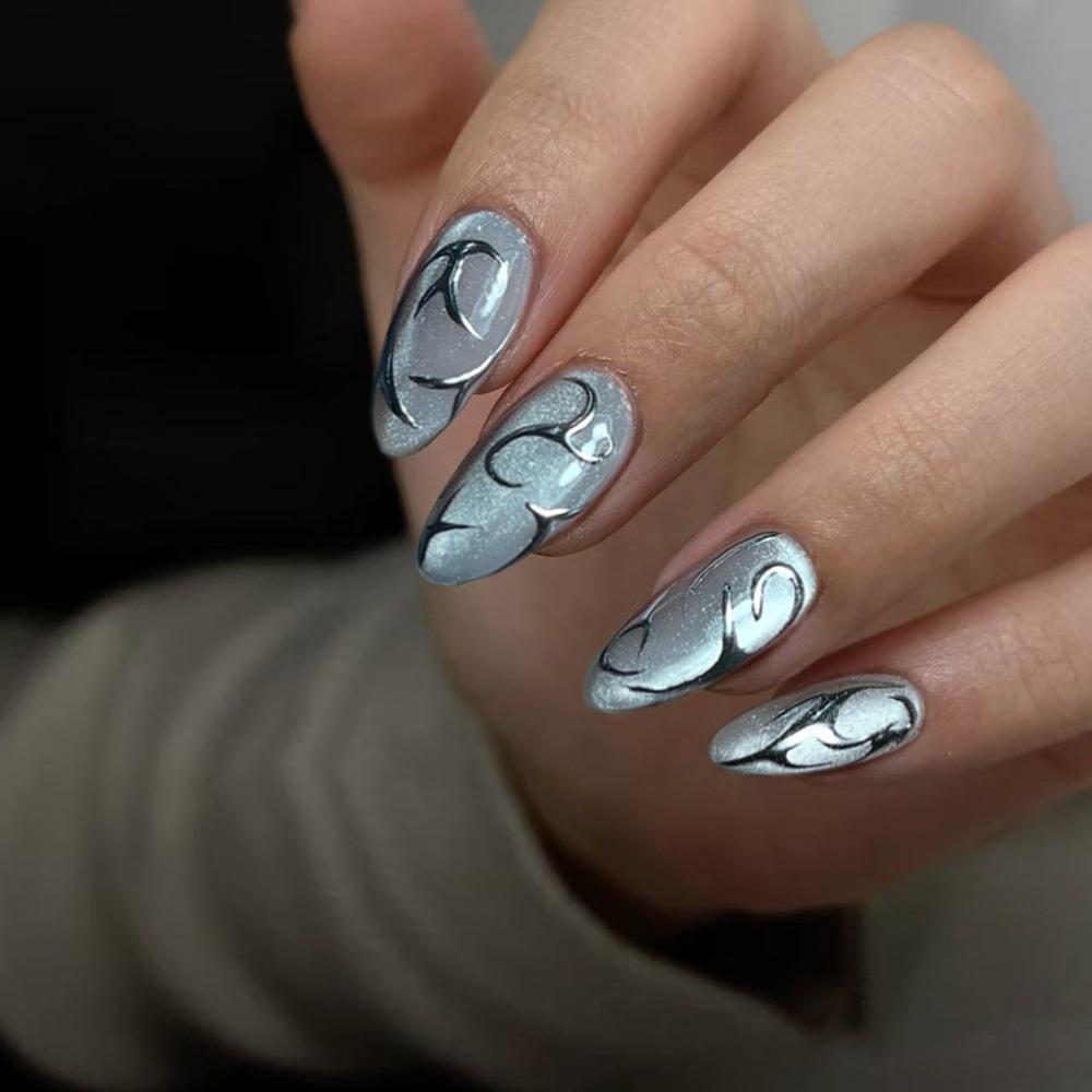 24pcs Long Almond Fake Nails French White Edge Press On Nails Manicure False Nails  Women