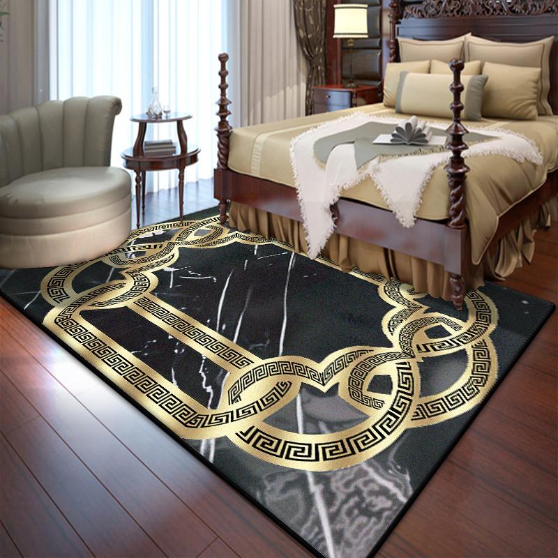 Black Golden Bedroom Bedside Rug Luxury Large Area Living Room Decoration Carpets Foldable Non-slip Soft Floor Mat Gaming Room