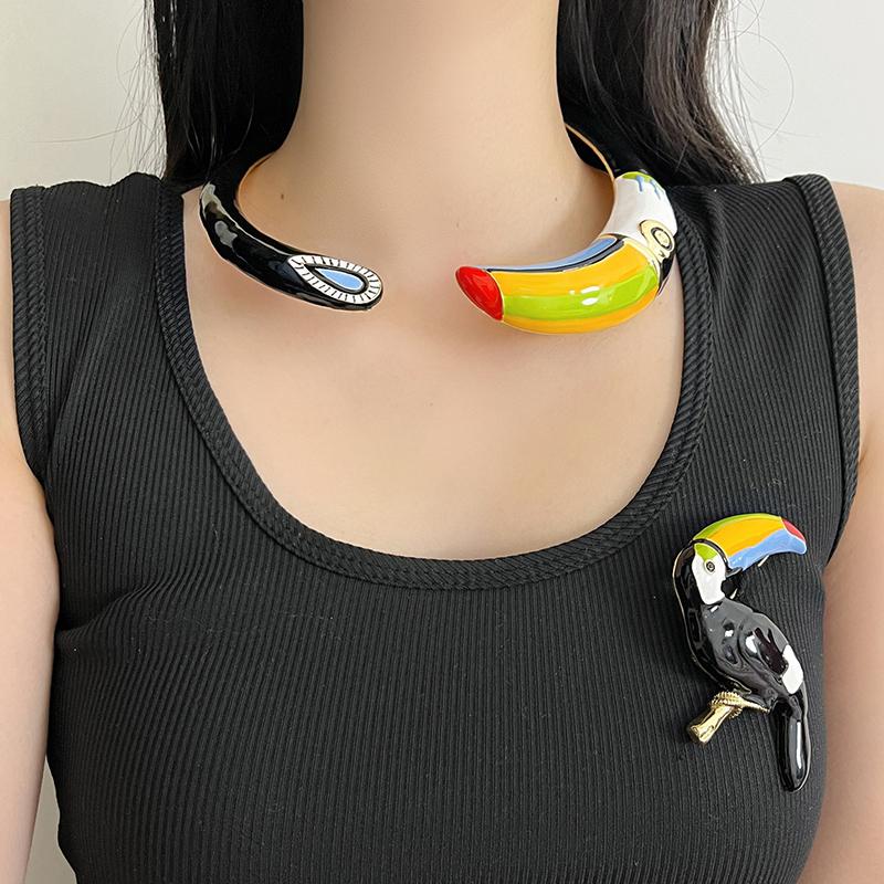Retro Übertrieben Metall Bunt Öl Tropfen Papagei Halskette Damen Mode Luxus Offenes Design Anstecknadel Brosche Stilvolles Accessoire