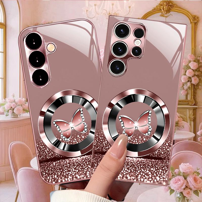 Różowy motyl Nowy Wykwintny luksusowy Wysokiej klasy Etui na telefon Szklane Etui na telefon dla Samsung Galaxy S26 S25 S24 S23 S22 S21 FE,Ultra,Plus
