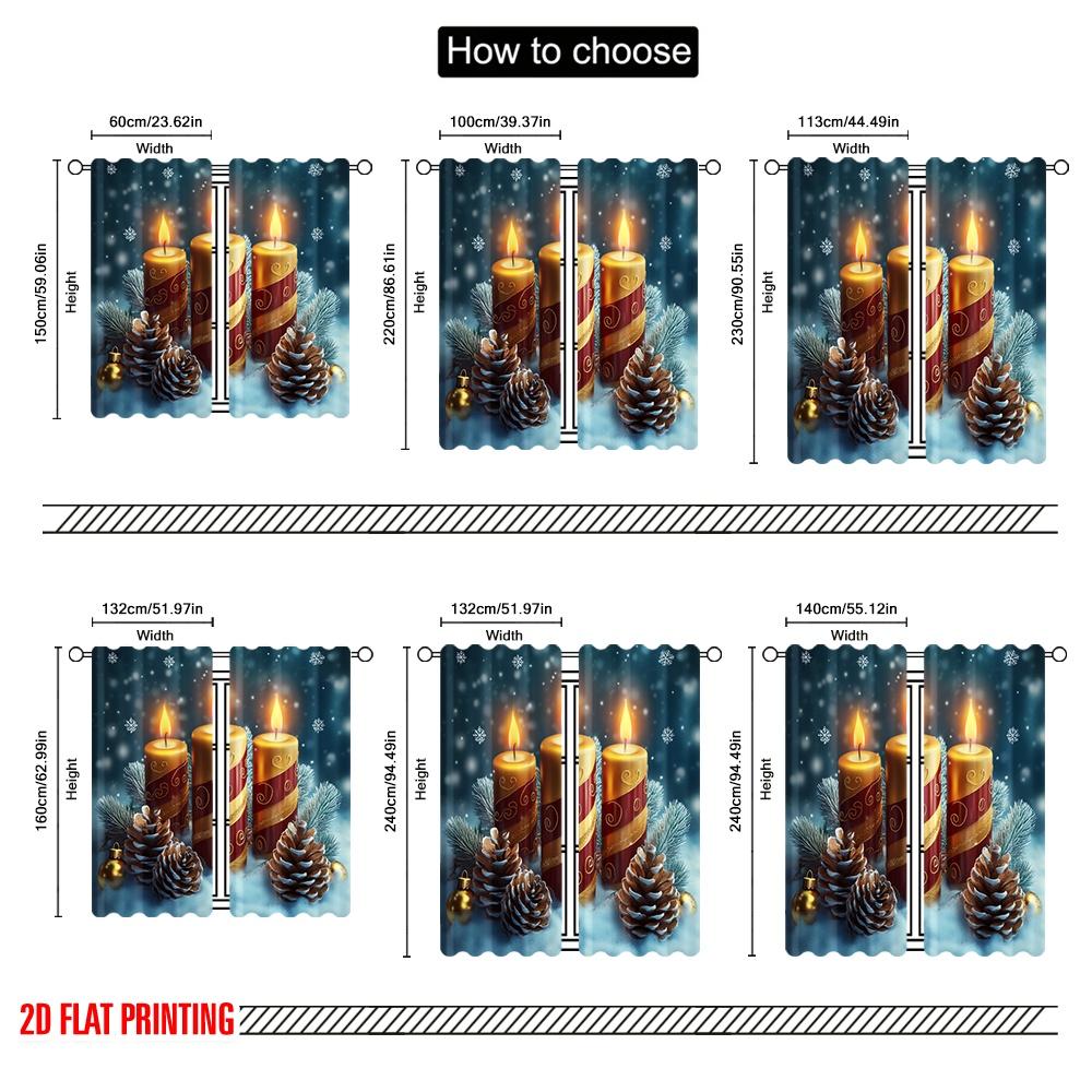 2pcs,2D Plane Printing Popular Curtains Christmas Candles Pine Cones (2) Versatile Durable Polyester (without Rod) Room Decor