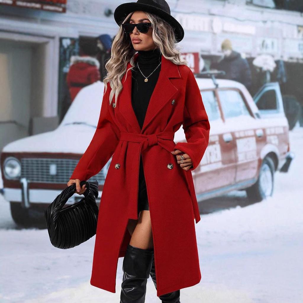 Women's Long Trench Coat with Double-Breasted Design and Belt