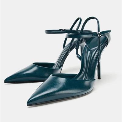 Damskie Turkusowe Sandały na Szpilce z Ostrym Czubkiem Pasek na Kostkę Szpilki Eleganckie Modne Czółenka Slingback