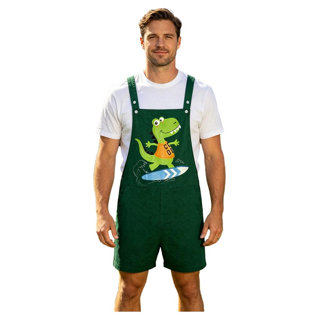 S-XXL Tuta Pigiama da Uomo con Stampa Dinosauro Cartone Animato Colore a Blocchi Posteriore Tasche Spallacci Regolabili Shorts a Salopette Tuta Pigiami