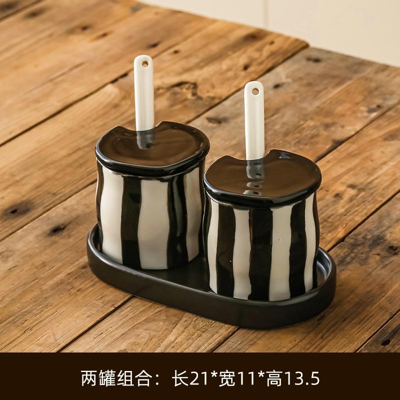 Vintage Ceramic Striped Hand Painted Spice Jars Set with Spoon Kitchen Storage Containers