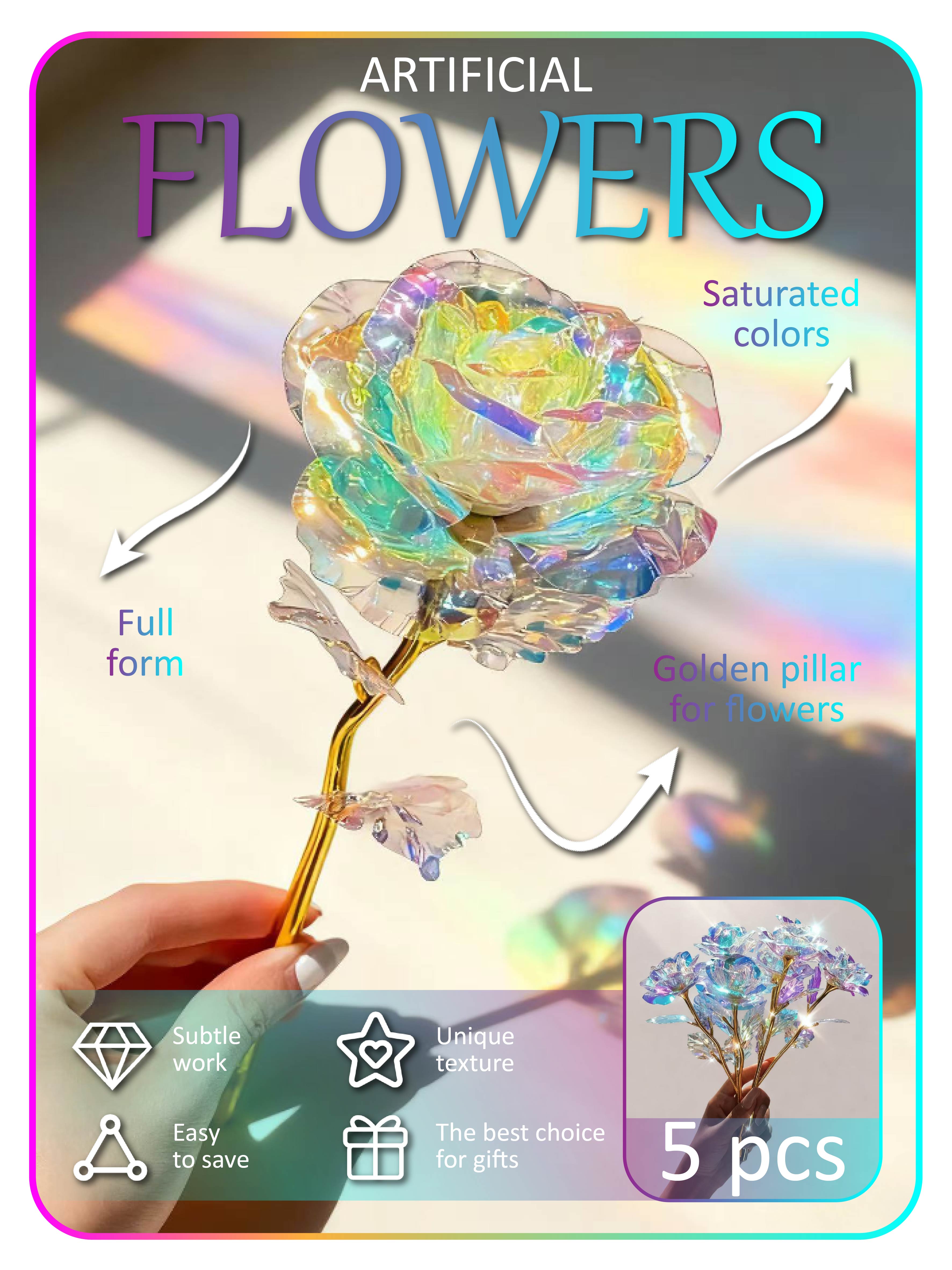 

5PCS Holographic Artificial Roses - Iridescent Fake Flower Bouquet with Golden Stem (Decorative Gift Flowers)