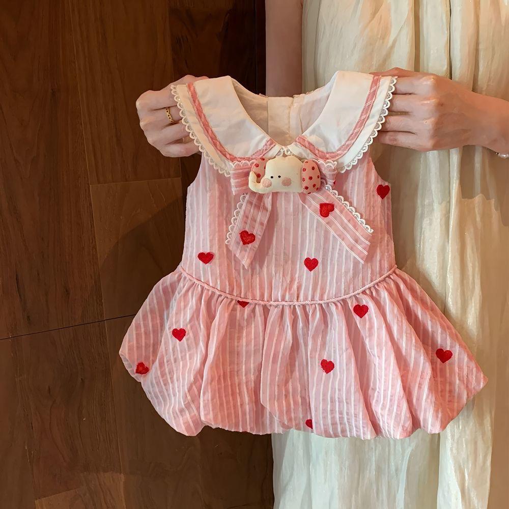 Girls Summer Pink Heart Striped Bubble Hem Princess Dress Cute Sleeveless Baby Toddler Vest Dress For Kids 80cm розовый