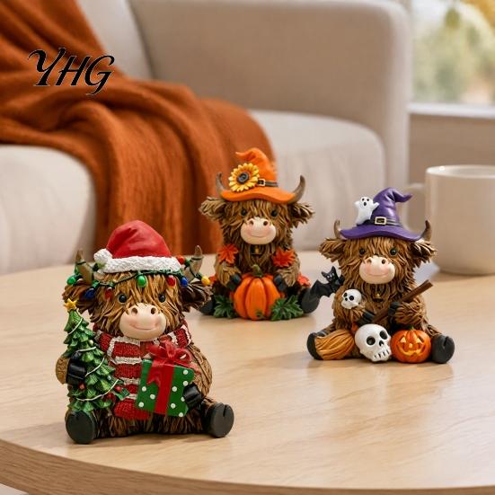 Housewarming Gift Ideas 3Pcs Highland Cow Figurine, Resin Yak Statues for Thanksgiving Christmas, Farmhouse Tabletop Ornaments Shelf Mantel Entryway,