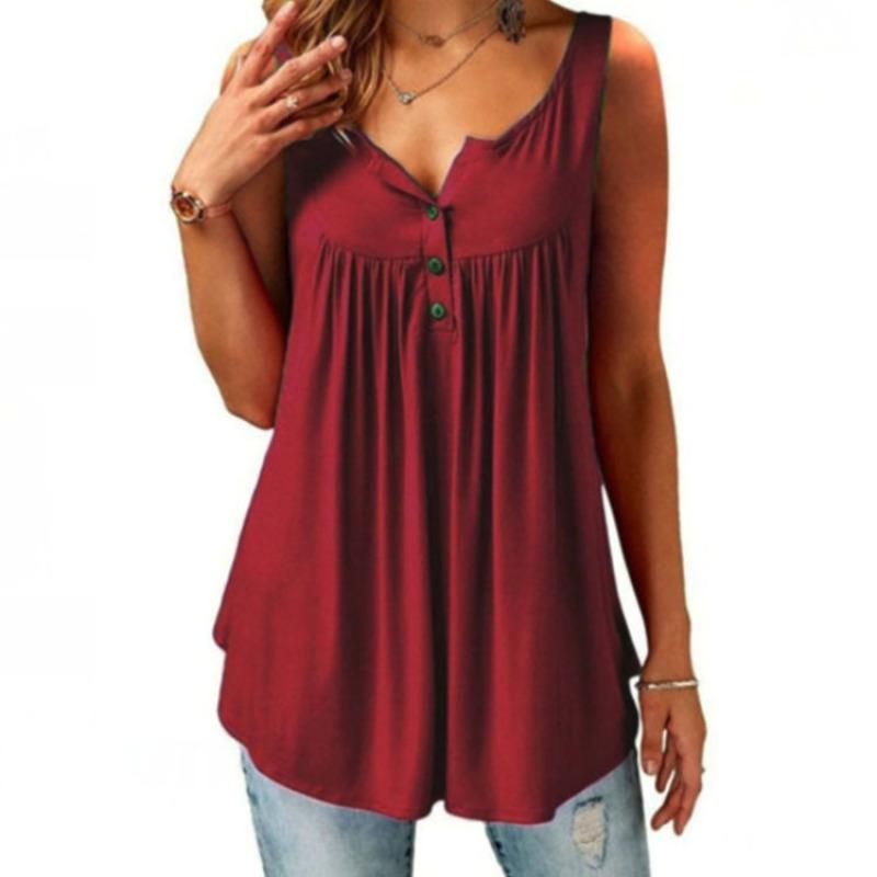 Canotta Estiva da Donna Senza Maniche Casual Tinta Unita Pieghettata Tunica Henley con Bottoni Larga e Fluida Blusa Lunga Taglie Forti