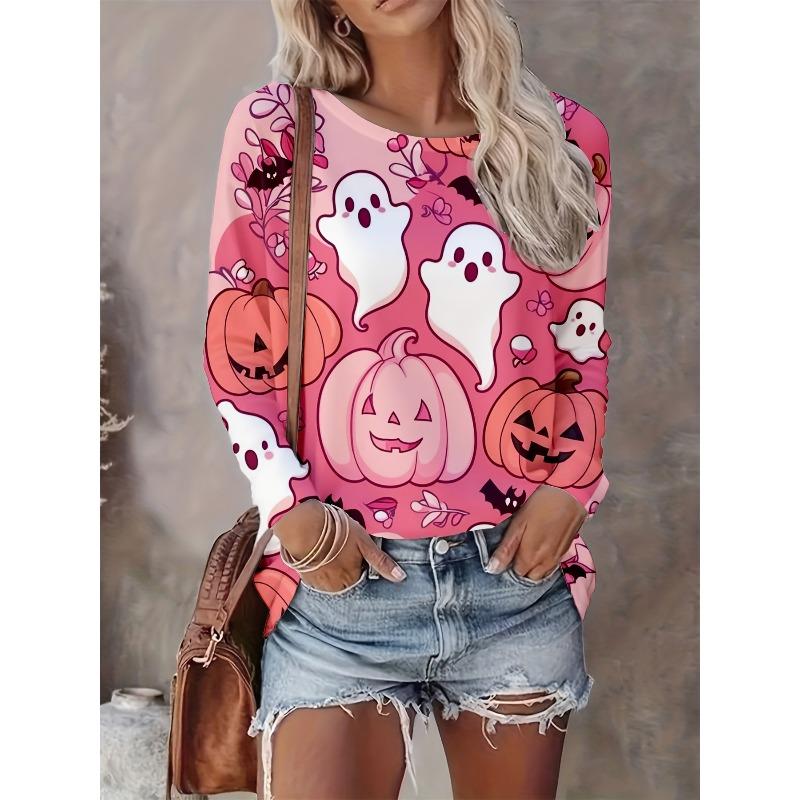 Ladies Autumn and Winter Halloween Funny 3D Printed Crew Neck Long Sleeve T-Shirt Comfortable Fashion Breathable