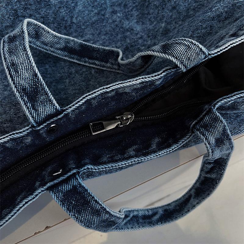 Large Capacity Denim Tote Bag Commuter Handbag Vintage Student Class Shoulder Crossbody Bag