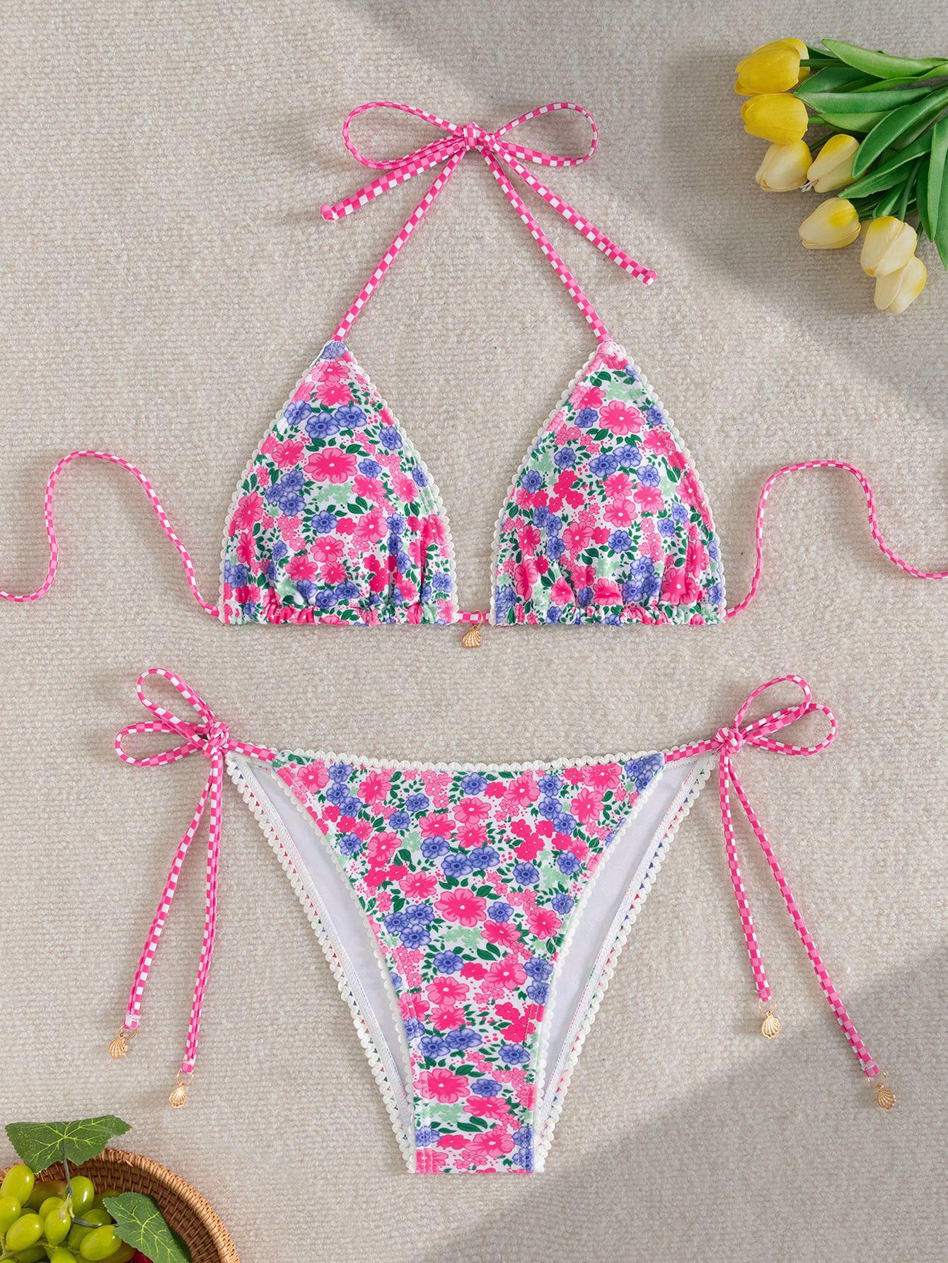 

Однотонный купальник-бикини с разрезом и кружевной отделкой на завязках для женщин L розовый