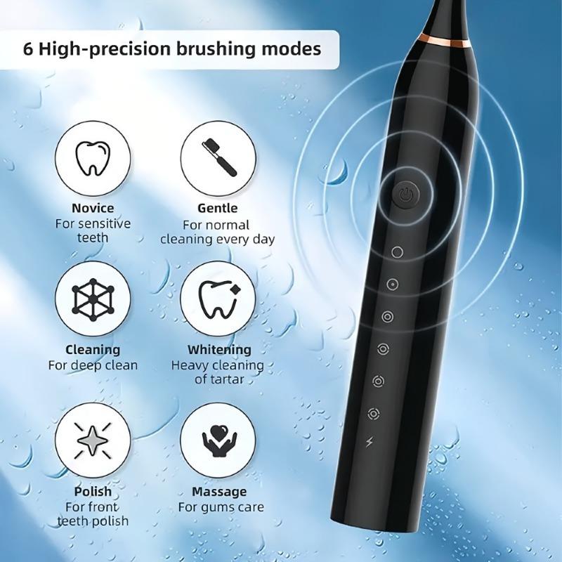 1set Multifunctional Electric Toothbrush, 6 Modes, Waterproof, USB Charging, Full Mouth Cleaning, with Replacement Brush Heads, Portable