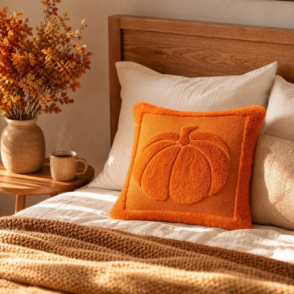 Decorative Pumpkin Pattern Throw Pillow Cover Office Lumbar Support Cushion Cover Without Insert Soft Textured Fabric Square Shape
