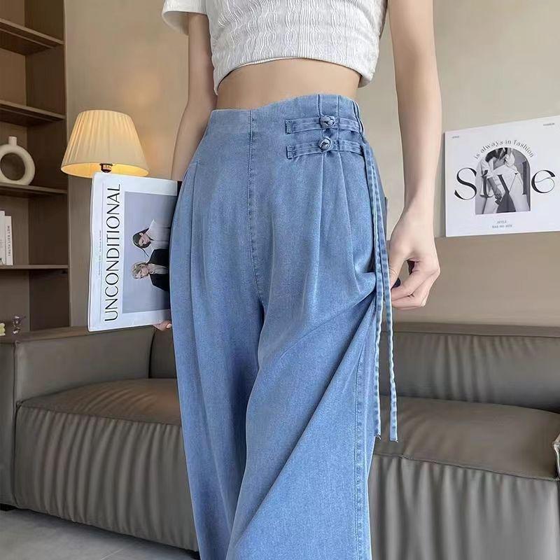 Women's National Style Tencel Button-Up Wide-Leg Jeans - 2026 Summer Slim Straight Casual Pants