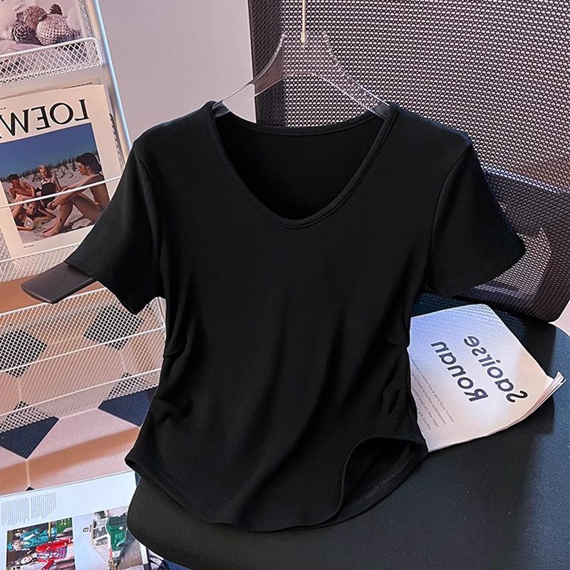 Women's V-Neck Pleated Waist-Slimming Yellow Modal T-Shirt - Short-Sleeve Summer Top