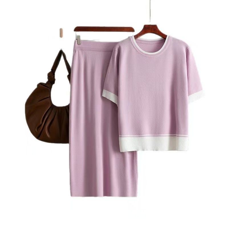 Fashion New Arrival Fashion Knitted Short-Sleeved Shirt Skirt Suit Knitted Top and Skirt Set